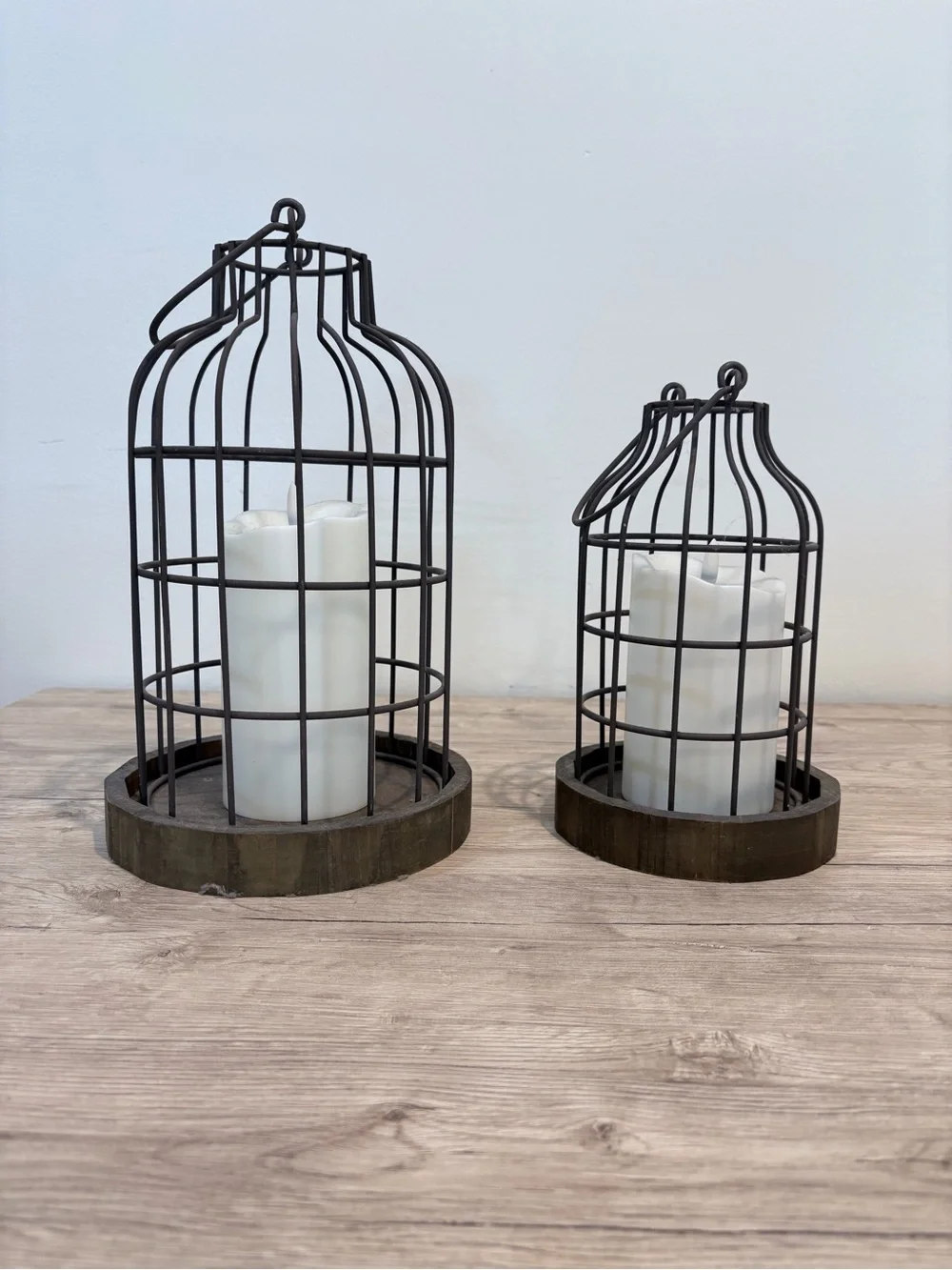Rustic Black Metal Cage Candle Holders with White Faux Candles - Set of 2